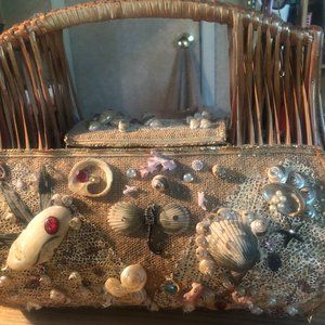WOODEN TOTE BAG WITH SEA SHELLS ALL HAND MADE